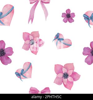 Nahtloses Blumenmuster. Vektorblütenmuster mit Aquarellblüten und pinkfarbenen Herzen Stock Vektor