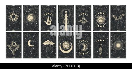 Set magischer Tarotkarten. Mystische okkulte Illustrationen, unkonventionelle spirituelle Astrologie-Vorlagen, Hexenvektorbildsammlung. Vorhersage von Stock Vektor