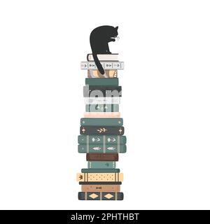 Ein Haufen Vintage-Bücher mit einer großen schwarzen Katze oben drauf. Standbuchkomposition isoliert auf weißem Hintergrund. Hausbibliothek. Vektordarstellung Stock Vektor