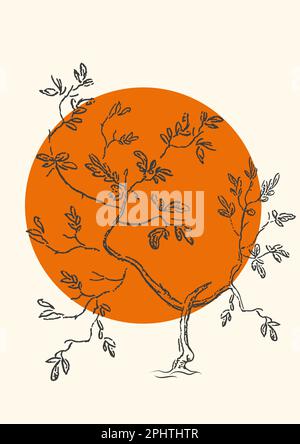 Baumsilhouette auf roter Sonnenscheibe - traditionelles japanisches Naturposter-Design. Abstraktes Dekor, Künstlerkunst. Stock Vektor