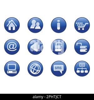 Websymbole gesetzt, blaue Kreisschaltflächen, bereinigter Vektor. Stock Vektor