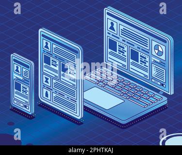 Smartphone, Laptop und Tablet-PC. Vektordarstellung. Isometrischer Satz Moderner Digitaler Geräte. Display mit Touchscreen. Web-Schnittstelle auf dem Bildschirm. Stock Vektor