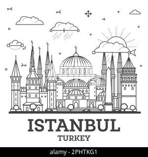 Skizzieren Sie die Skyline der türkischen Stadt Istanbul mit historischen Gebäuden, die auf Weiß isoliert sind. Vektorgrafik. Stadtbild von Istanbul mit Wahrzeichen. Stock Vektor
