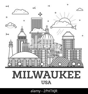Umreißen Sie die Skyline von Milwaukee Wisconsin City mit modernen Gebäuden auf White. Vektorgrafik. Milwaukee USA Stadtbild mit Wahrzeichen. Stock Vektor
