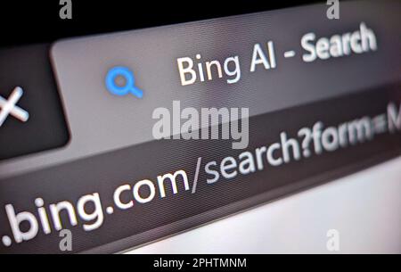 New York City, USA - 2023: Die Nahaufnahme der Microsoft Bing AI Search powered by ChatGPT wird in einem Webbrowser auf einem Computerbildschirm angezeigt Stockfoto