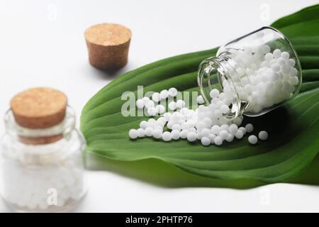 Homöopathische Pillen aus einer Flasche auf einem grünen Blatt. Stockfoto