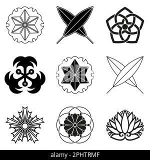 Japanische Symbole Symbole Set oder Sammlung. Japanisches Original-Familienwappen-Vektor Stock Vektor