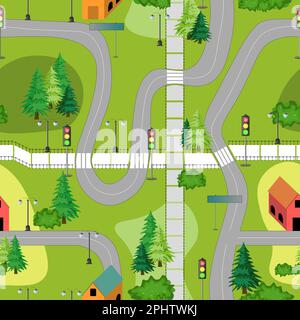 Nahtloses Muster mit niedlichem Stadtplan. Häuser, Bäume, Straßen. Farbenfrohe Vektordarstellung. Stock Vektor