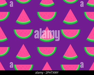 Nahtloses Wassermelonenmuster. Scheiben Wassermelone mit Samen auf lila Hintergrund. Design für Poster, Tapeten, Printwerbung. Vektor il Stock Vektor