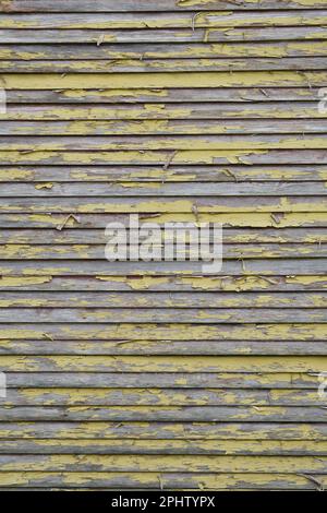 Holzverkleidung des alten Gebäudes blättert gelbe Farbe ab Stockfoto