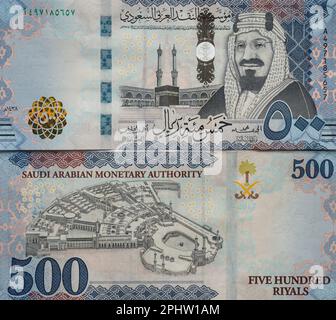 500-Dollar-Banknote in Saudi-Riyals, mit Bild von Kaaba und König Abdulaziz Stockfoto