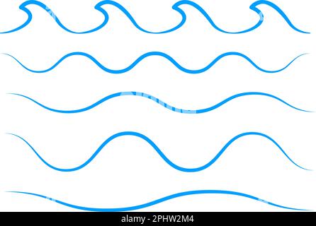 Symbolsatz für Meereswellen. Sammlung dünner Linienwellen. Abbildung eines flachen Vektors Stock Vektor