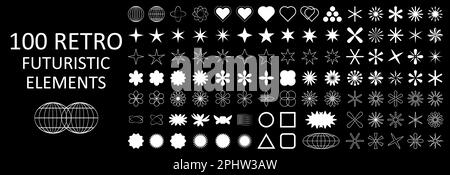 Set mit futuristischen Retro-Grafiksymbolen. Sammlung abstrakter geometrischer Grafiksymbole und Objekte im Y2K-Stil.Vektorset Stock Vektor