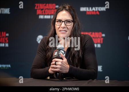 Temecula, Kalifornien, USA. 29. März 2023. Temecula, CA - März 28.: CAT Zingano spricht am 31. März 2023 im kalifornischen Temecula auf dem Bellator 293 Golm vs James im Pechanga Resort and Casino vor den Medien. (Kreditbild: © Matt Davies/PX Imagens via ZUMA Press Wire) NUR REDAKTIONELLE VERWENDUNG! Nicht für den kommerziellen GEBRAUCH! Stockfoto