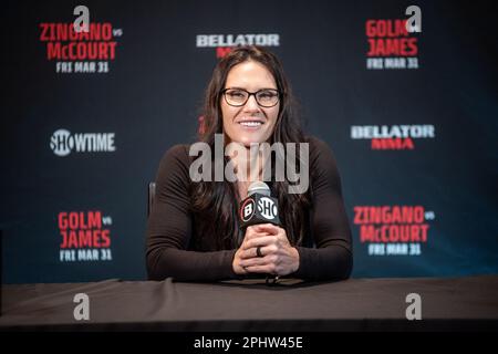 Temecula, Kalifornien, USA. 29. März 2023. Temecula, CA - März 28.: CAT Zingano spricht am 31. März 2023 im kalifornischen Temecula auf dem Bellator 293 Golm vs James im Pechanga Resort and Casino vor den Medien. (Kreditbild: © Matt Davies/PX Imagens via ZUMA Press Wire) NUR REDAKTIONELLE VERWENDUNG! Nicht für den kommerziellen GEBRAUCH! Stockfoto