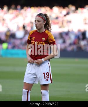 Sabadell, Barcelona, Spanien. 29. März 2023. Barcelona Spanien 29.03.2023 Benedetta Glionna (Roma) präsentiert am 29. März 2023 im Camp Nou in Barcelona die UEFA Womens Champions League zwischen dem FC Barcelona und Roma. (Kreditbild: © Xavi Urgeles/ZUMA Press Wire) NUR REDAKTIONELLE VERWENDUNG! Nicht für den kommerziellen GEBRAUCH! Stockfoto