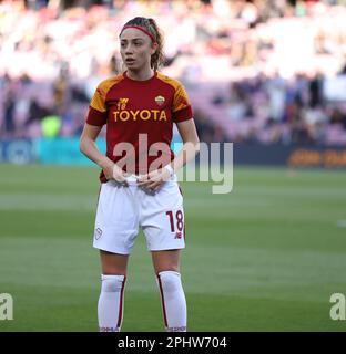 Sabadell, Barcelona, Spanien. 29. März 2023. Barcelona Spanien 29.03.2023 Benedetta Glionna (Roma) präsentiert am 29. März 2023 im Camp Nou in Barcelona die UEFA Womens Champions League zwischen dem FC Barcelona und Roma. (Kreditbild: © Xavi Urgeles/ZUMA Press Wire) NUR REDAKTIONELLE VERWENDUNG! Nicht für den kommerziellen GEBRAUCH! Stockfoto