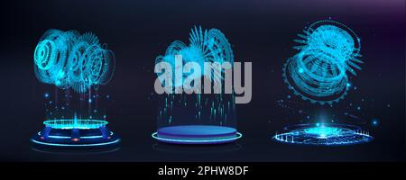 Mechanismen auf futuristischen Laufstegen Hologrammen, 3D Blueprint-Hologramm Stock Vektor