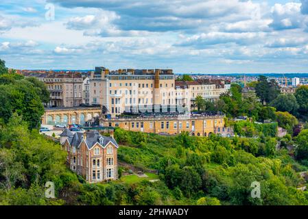 Panoramablick auf Bristol von der Clifton Suspension Bridge. Stockfoto