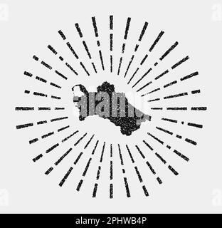 Vintage-Karte von Turkmenistan. Grunge Sonnenschein im ganzen Land. Schwarze Turkmenistan-Form mit Sonnenstrahlen auf weißem Hintergrund. Vektorabbildung. Stock Vektor