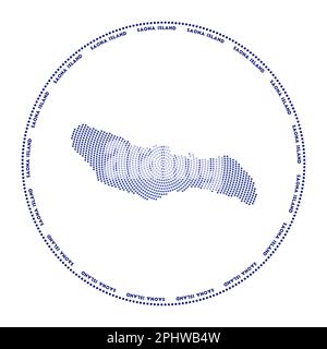 Rundes Logo von Saona Island. Digitale Form der Insel Saona im gepunkteten Kreis mit Inselnamen. Techniksymbol mit graduierten Punkten. Stock Vektor