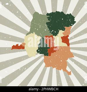 DR Congo Vintage-Karte. Grunge-Poster mit Landkarte in Retro-Farbpalette. Die Form der DR Kongo mit Sonnenstrahlen Hintergrund. Stock Vektor