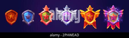 Gold-Ranking-Abzeichen für das Spiel. Auszeichnung mit Symbolen aus Holz, Metall, Bronze, Gold und Silber mit Stern, Kronen und Wimpeln, Vektorgrafiken Stock Vektor