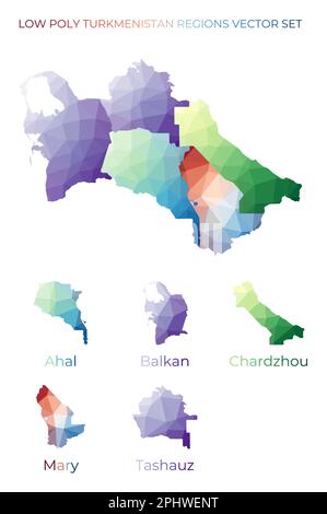 Turkmenische Gebiete mit niedrigen Poly-Regionen. Polygonale Karte Turkmenistans mit Regionen. Geometrische Karten für Ihr Design. Fantastische Vektor-Illustration. Stock Vektor