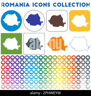 Rumänien Icons Kollektion. Bunte, trendige Kartensymbole. Modernes rumänisches Abzeichen mit Landkarte. Vektorabbildung. Stock Vektor