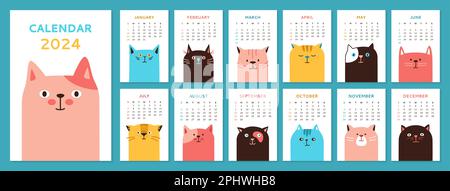 Kalender 2023 mit Cartoon-Katzenvorlage und Cover-Set. Monatliche Kalender-Typografie niedliche Kätzchen Tierkollektion. Lustige gezogene Kawaii-Katzen, verschiedene Emotionen. Trendiger Event-Planer-Vektor Stock Vektor