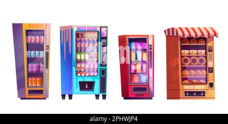 Vector-Verkaufsautomat mit Getränken und Snacks. Isoliertes Zeichentrickspender-Symbolset, das Flasche, Kaffeedose, Bäckerei und Eis verkauft. Vendingmachine Stock Vektor