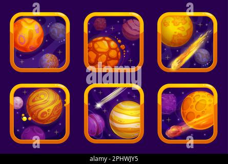 Orangefarbene App-Symbole für Cartoon-Weltraumspiele. Symbol für Mobiltelefon-Spiele, mobile Arkade oder Vektorschaltfläche für Computeranwendungen. Videospiel-GUI mit Science Fi Stock Vektor