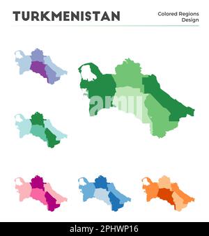 Kartensammlung Turkmenistan. Grenzen Turkmenistans für Ihre Infografik. Farbige Länderregionen. Vektorabbildung. Stock Vektor