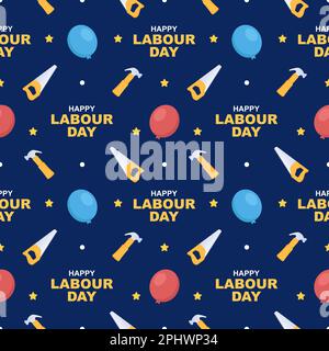 „Happy Labor Day“ (alles gute zum Tag der Arbeit) – Illustration des nahtlosen Musters mit verschiedenen Berufen in der handgezeichneten Vorlage Stock Vektor