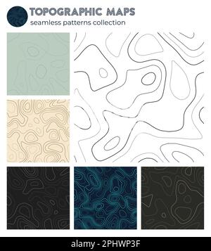 Topografische Karten. Ansprechende Isolationsmuster, nahtloses Design. Authentischer, kachelbarer Hintergrund. Vektorabbildung. Stock Vektor