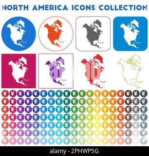 Kollektion „Symbole für Nordamerika“. Bunte, trendige Kartensymbole. Modernes Nordamerika-Abzeichen mit Kontinentalkarte. Vektorabbildung. Stock Vektor