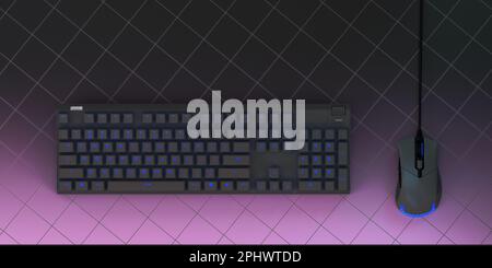 PC-Gaming PC-Tastatur Neonlicht futuristisches 3D-Rendering am modernen Arbeitsplatz Stockfoto