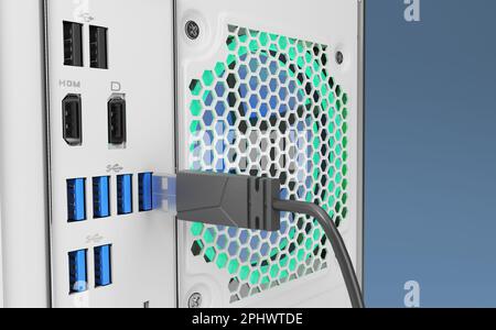 Verbinden des Geräts mit dem USB-Anschluss auf der Rückseite des Renderings von Computer 3D Stockfoto