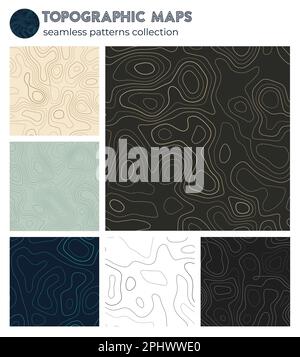 Topografische Karten. Authentische Isolationsmuster, nahtloses Design. Strahlender, gekachelter Hintergrund. Vektorabbildung. Stock Vektor