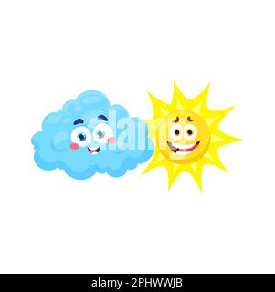Cartoon-Wolken und Sonnenwetter-Figuren. Vektorfiguren mit niedlichen, verspielten Gesichtern. Blaue, flauschige, lächelnde Wolke und gelbe Solar mit fröhlichem Ausdruck. Stock Vektor