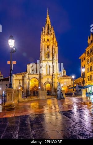 Nachtsicht auf die Statue La Regenta vor der Metropolitanischen Kathedrale San Salvador von Oviedo in Spanien. Stockfoto