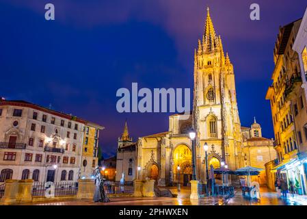 Nachtsicht auf die Statue La Regenta vor der Metropolitanischen Kathedrale San Salvador von Oviedo in Spanien. Stockfoto