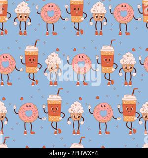 Groovy nahtloses Muster mit Retro-Charakteren. Cartoon-Kaffee in Pappbecher, Donut und Cupcake mit Creme auf blauem Hintergrund. Vektordarstellung für w Stock Vektor