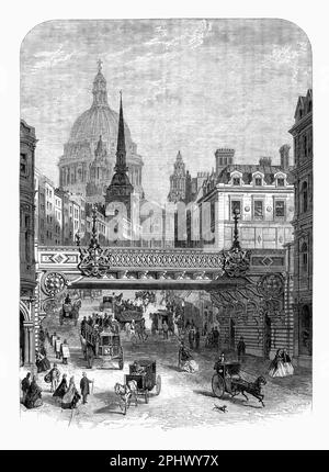 Eine reizvolle Straßenszene aus dem Jahr 1865 der prunkvollen viktorianischen Eisenbahnbrücke über Ludgate Hill in der City of London, England. Es wurde für die Verwendung durch die London, Chatham und Dover Railway Company gebaut Stockfoto