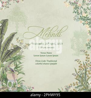 Einladungskarte für die Mehndi-Nacht. Wasserfarbener grungiger Hintergrund mit tropischem Mogul-Baum, Blumen, Pflanzen und Blättern. Stock Vektor