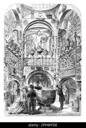 Eine Illustration des Sarcophagus Room aus dem Jahr 1865 im Sir John Soane's Museum in Lincoln's Inn Fields in Holborn, London, ehemals Heimat des neoklassizistischen Architekten John Soane. Während seine Praxis florierte, konnte Soane Gegenstände sammeln, die des Britischen Museums würdig waren, einschließlich des Sarcophagus von Seti I., bedeckt mit ägyptischen Hieroglyphen. Andere Antiquitäten griechische und römische Bronzen, Bruchstücke römischer Mosaiken, griechische Vasen griechische und römische Büsten, Köpfe von Statuen und Bruchstücke von Skulpturen usw. Stockfoto