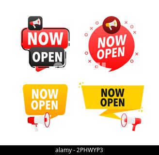 Megafon-Beschriftung mit Text Jetzt geöffnet. Öffnen Sie jetzt das Ankündigungsbanner Stock Vektor