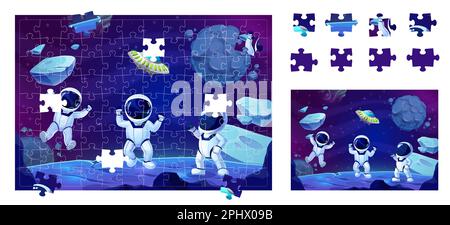 Puzzle-Puzzle-Spielteile im Weltraum. Cartoon-Astronauten auf der Oberfläche des Galaxieplaneten. Erzieherisches oder erholsames Vektorarbeitsblatt für Vorschulkinder Stock Vektor