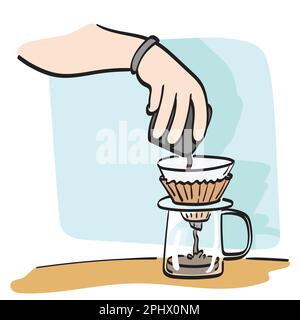 Nahaufnahme Hand Zubereiten von Kaffee zum Tropfen von heißem Kaffee in die Tasse Illustration Vektor von Hand gezeichnet, isoliert auf weißem Hintergrund Strichgrafik. Stock Vektor