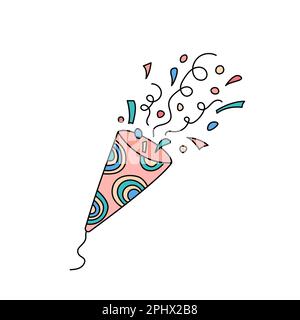 Herzlichen Glückwunsch zum Geburtstag, Cracker. Party-Popper mit Konfetti. Geburtstagskritzel. Vektor niedliche handgezeichnete Illustration. Festliches Design für Kinder. Stock Vektor